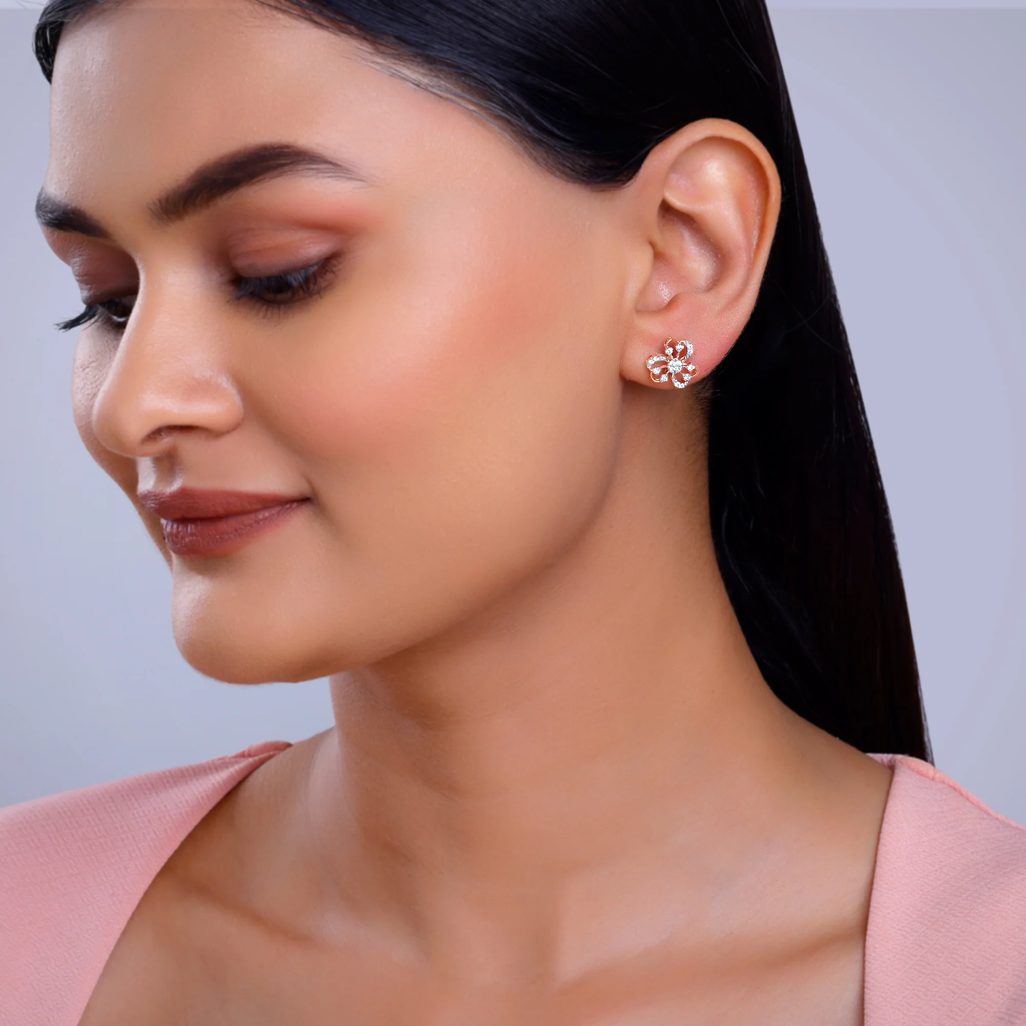 Rose Gold Floral Bae Lab Grown Diamond Earrings - Image 3