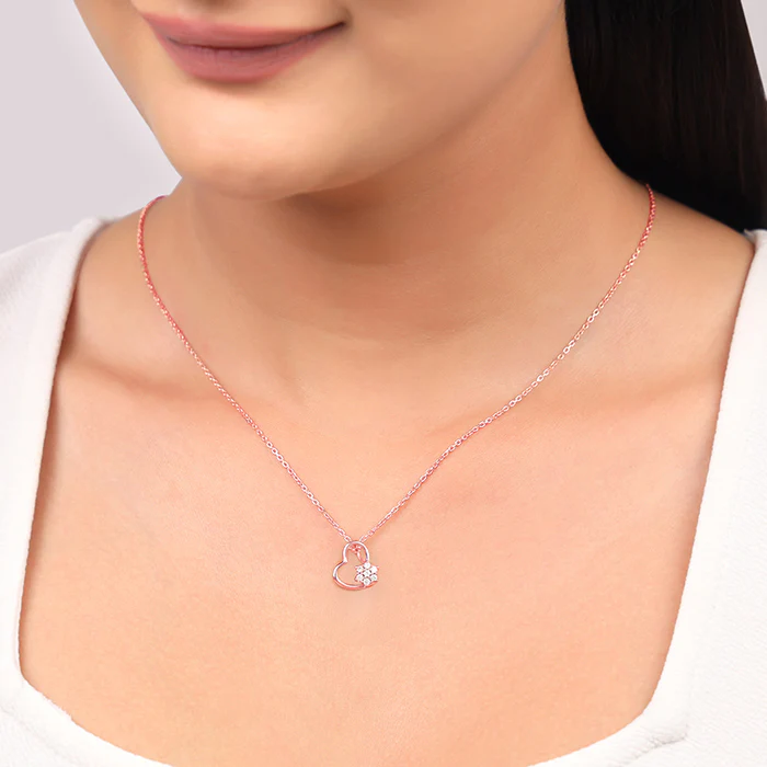 Rose Gold Floral Heart Pendant With Link Chain - Image 3