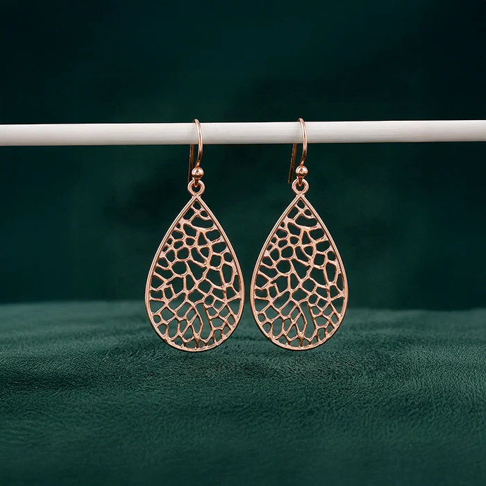 Rose Gold Lattice Teardrop Filigree Earrings - Image 2