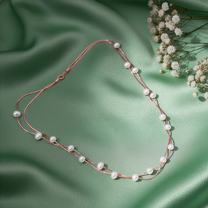 Rose Gold Layered Pearl Station Necklace - Image 2