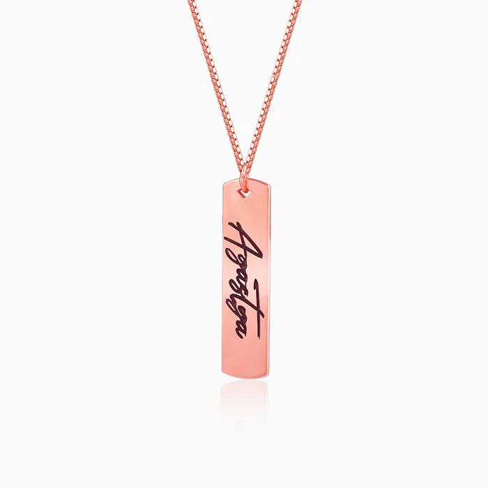 Rose Gold Personalised Vertical Bar Name Pendant with Box Chain For Him