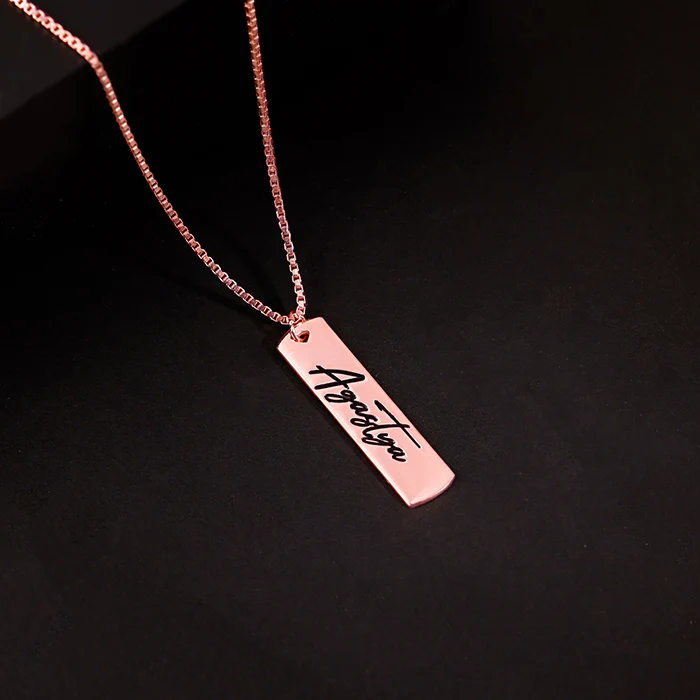 Rose Gold Personalised Vertical Bar Name Pendant with Box Chain For Him - Image 2