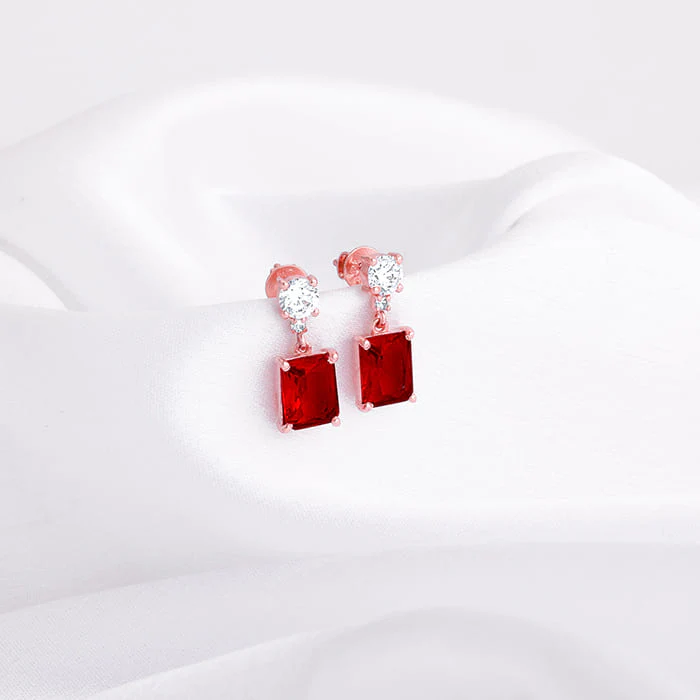 Rose Gold Red Baguette Earrings - Image 2