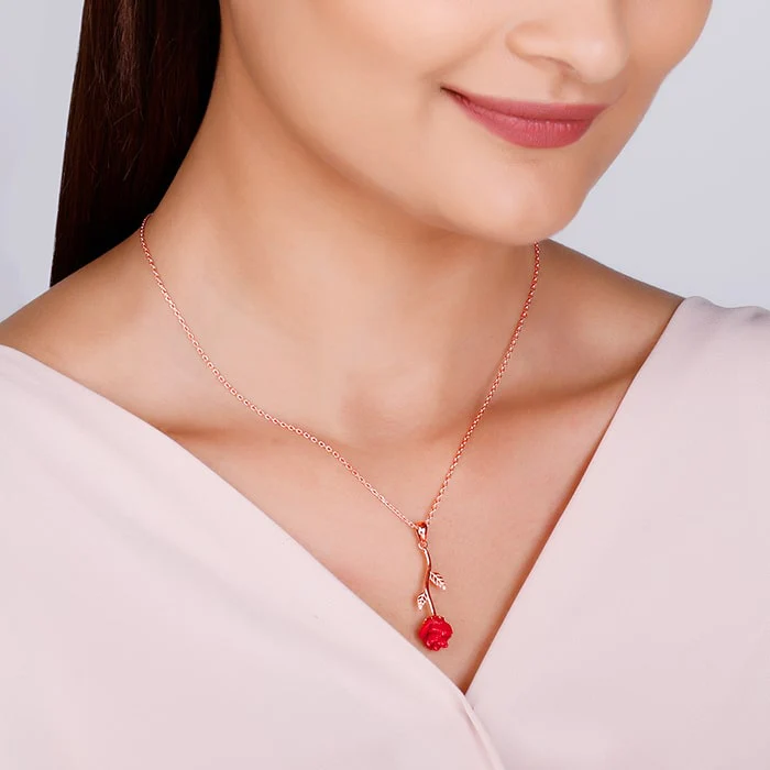Rose Gold Red Rose Pendant with Link Chain - Image 3