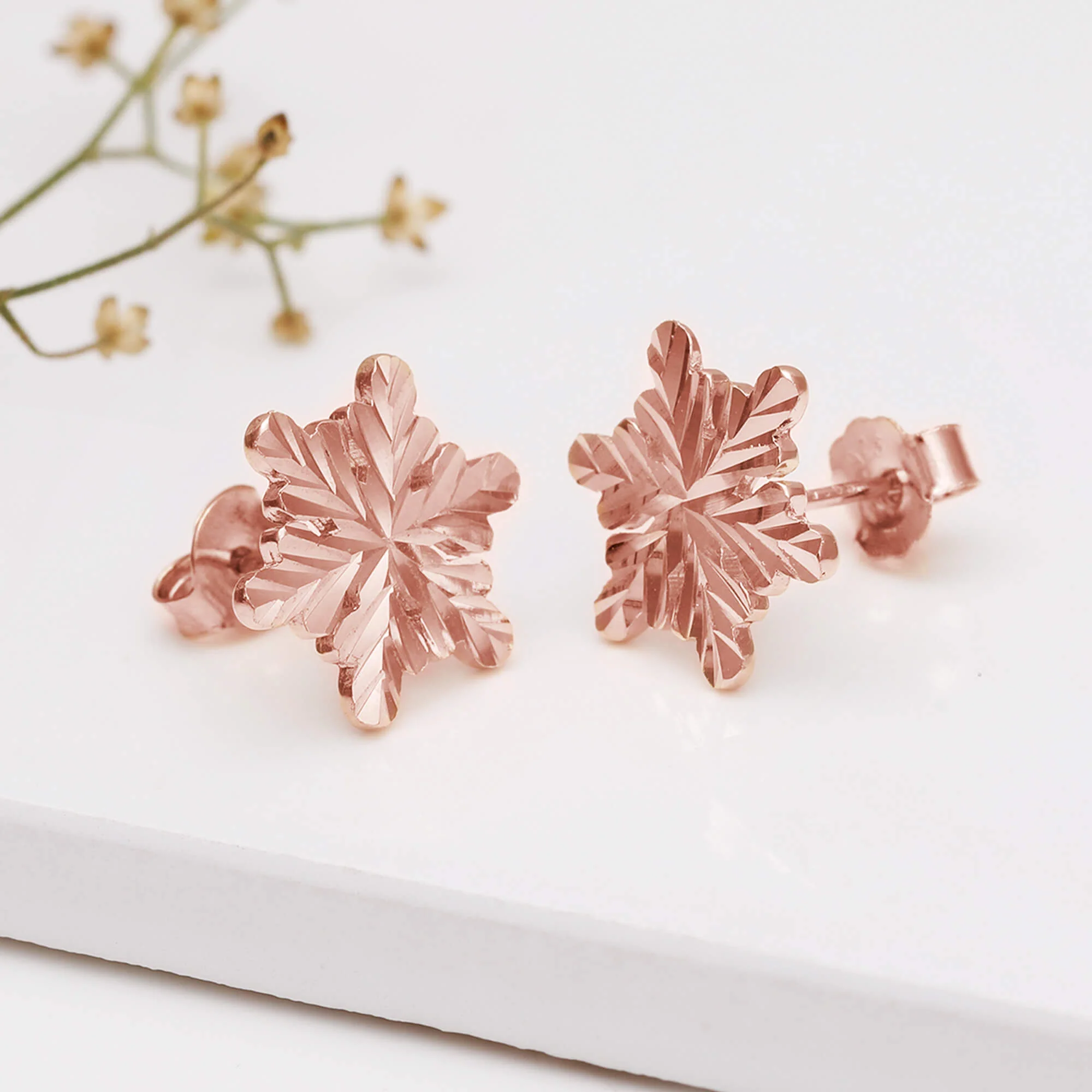 Rose Gold Snowflake Stud Earrings - Image 2