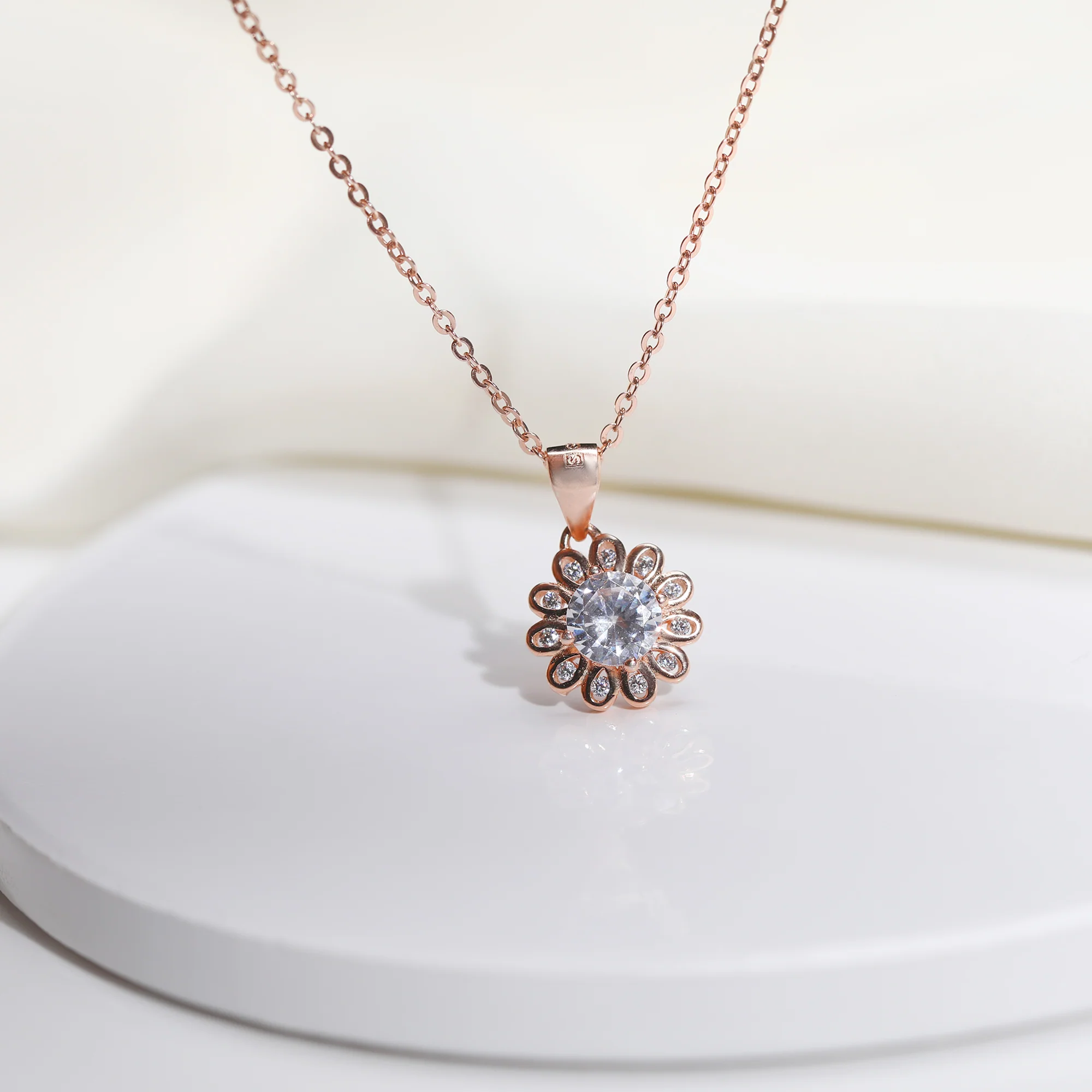 Rose Gold Sun Flower Pendant with Link Chain - Image 2