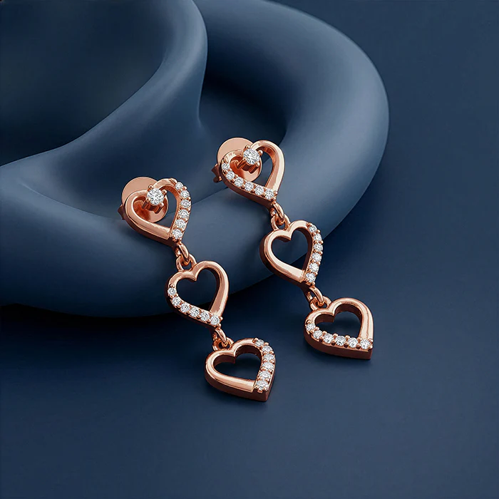 Rose Gold Triple Heart Dangler Earrings - Image 2
