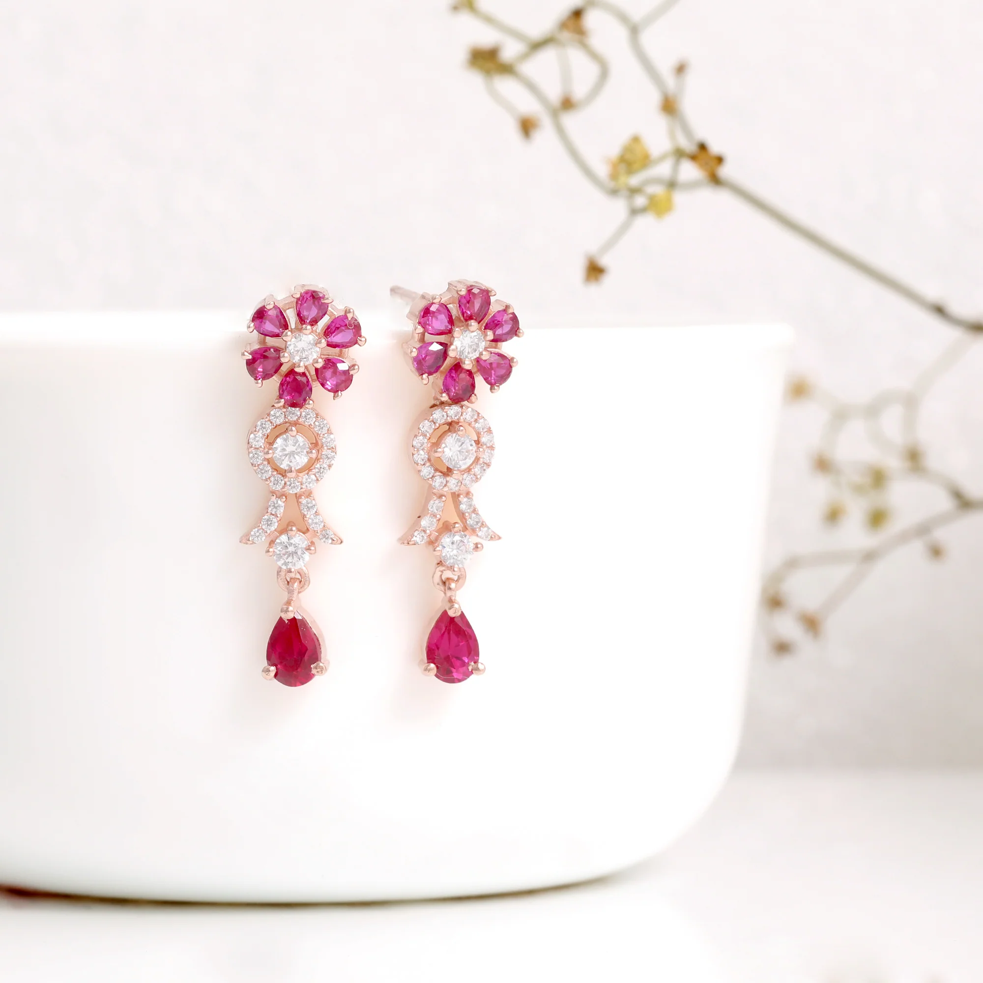 Rose Gold Zircon Pink Flower Drop Danglers - Image 2