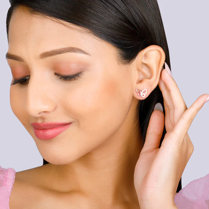 Rose Gold Zircon-Studded Butterfly Earrings - Image 3
