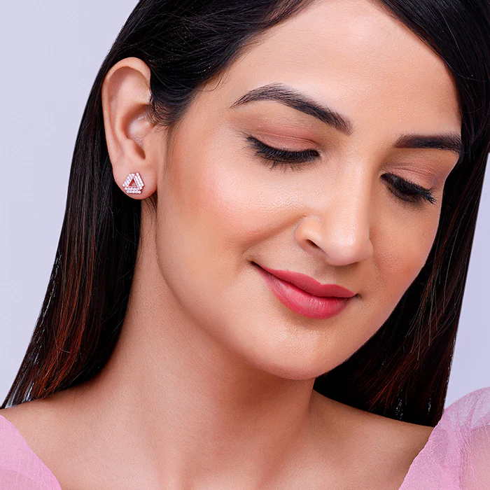 Rose Gold Zircon Triangle Stud Earrings - Image 3