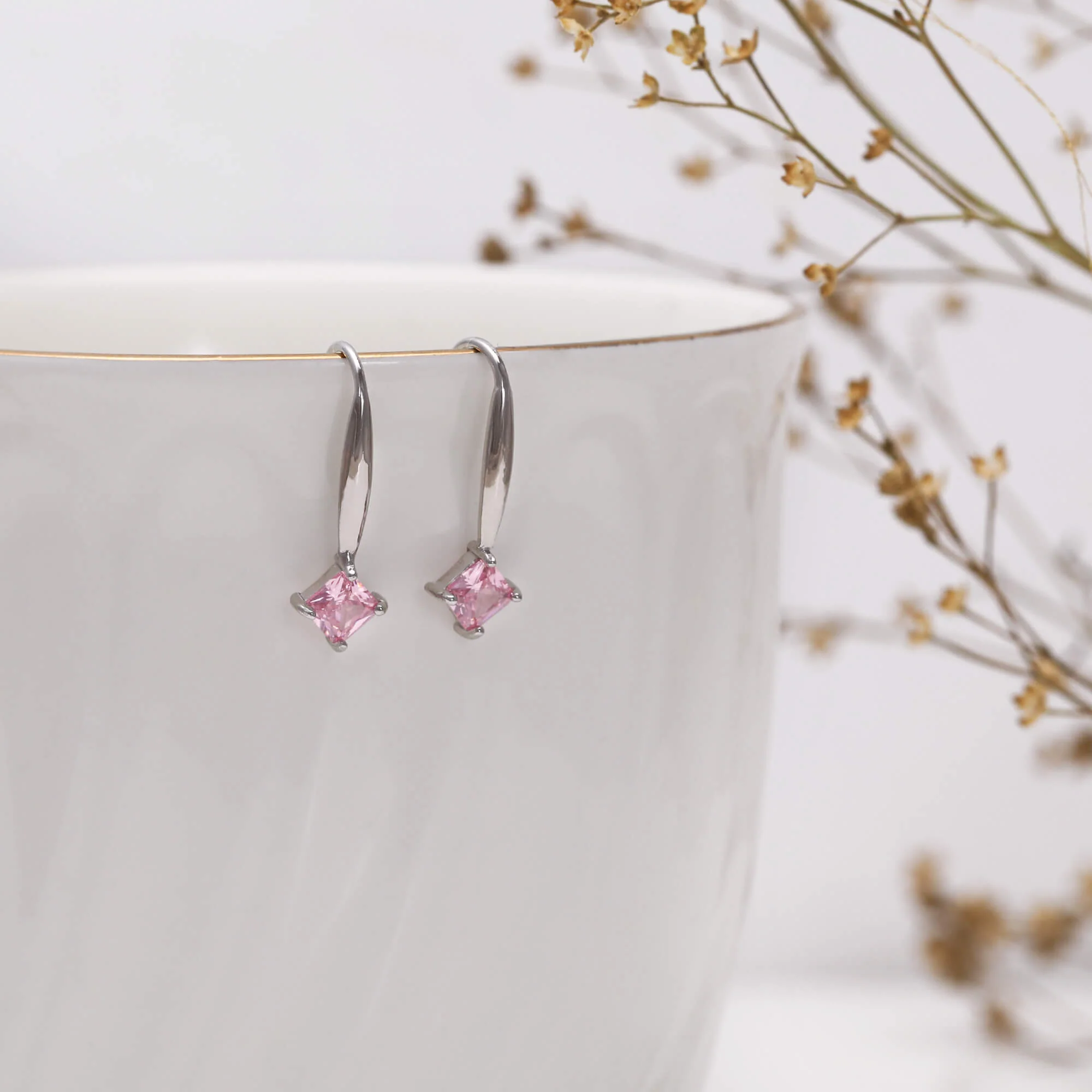 Silver Baby Pink Square Earrings - Image 2