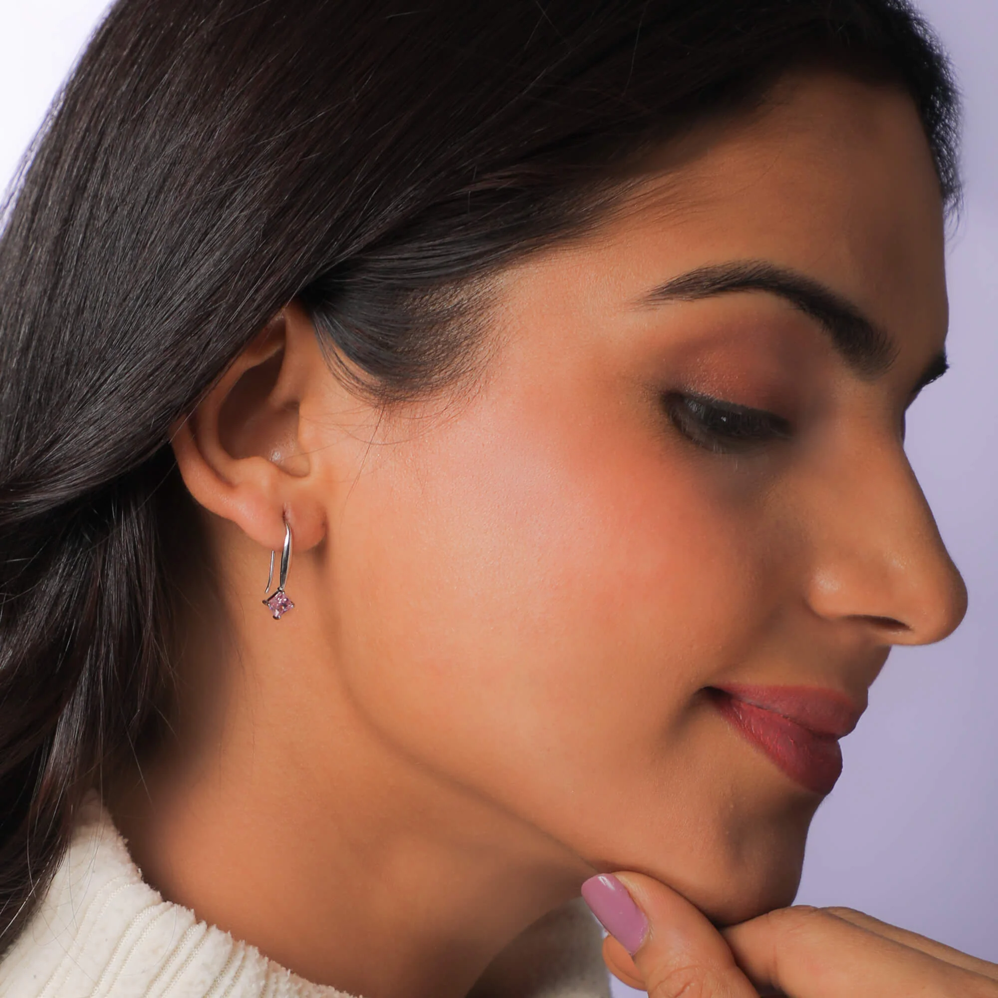 Silver Baby Pink Square Earrings - Image 3
