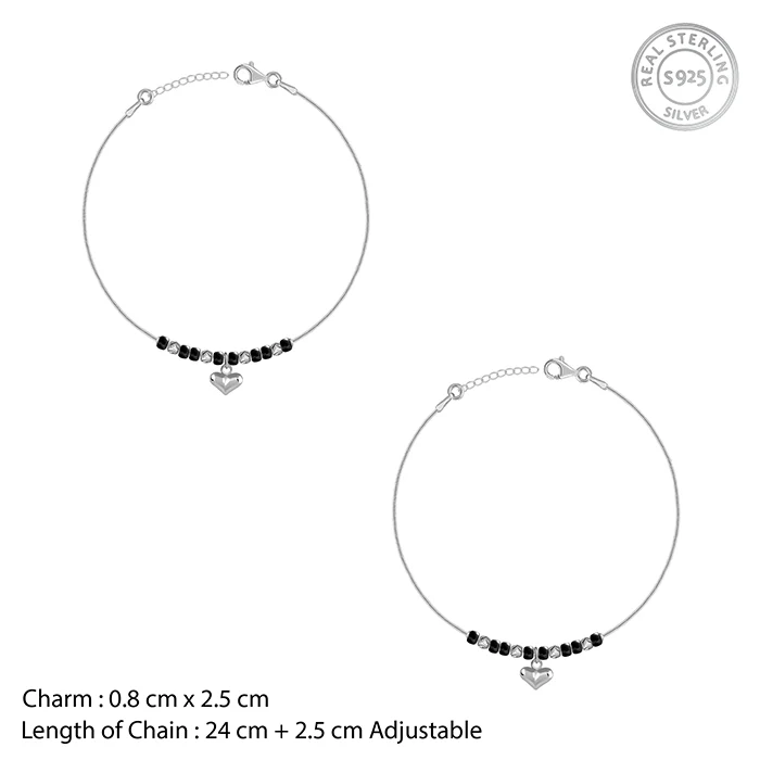 Silver Black Bead Heart Charm Anklet - Image 4