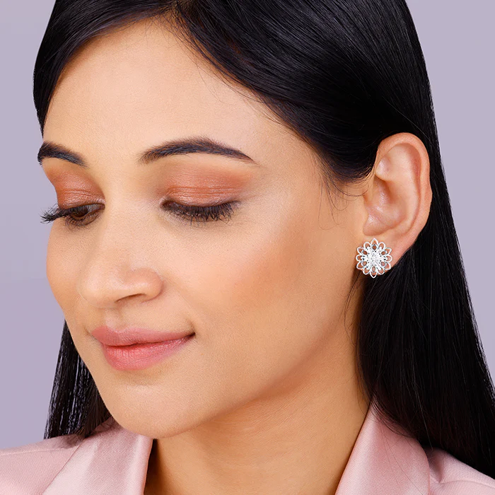 Silver Blooming Flower Stud Earrings - Image 3