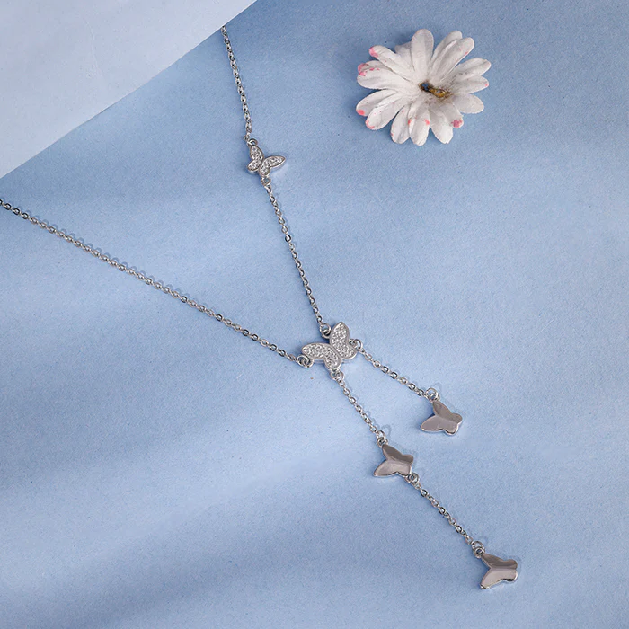 Silver Butterfly Charm Lariat Necklace - Image 2