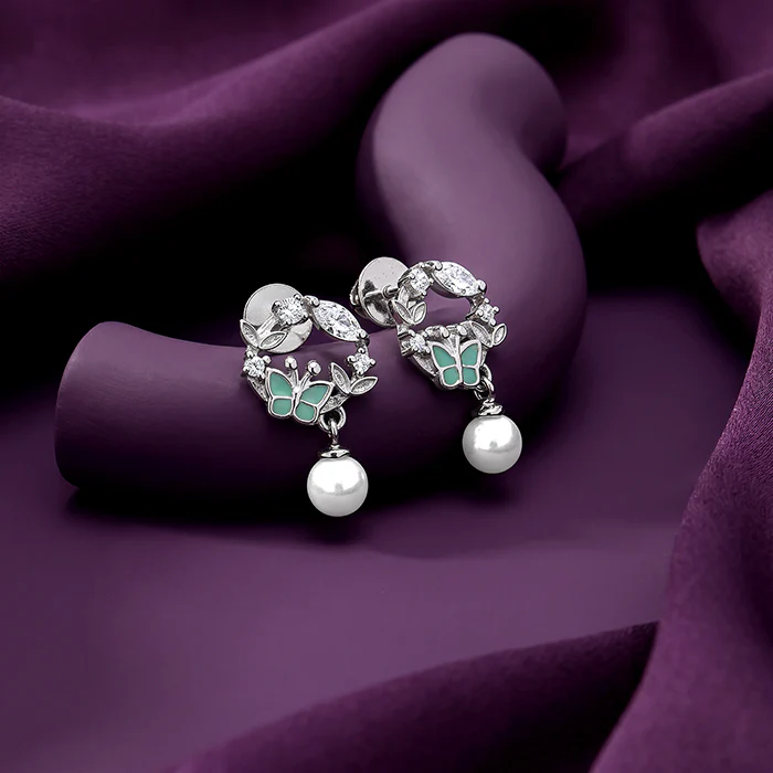 Silver Butterfly Pause Pearl Drop Earrings - Image 2