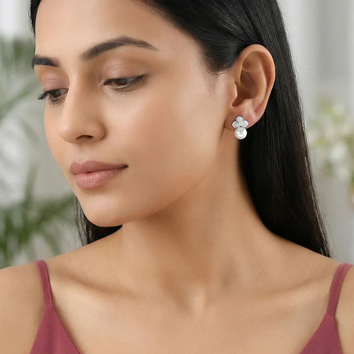 Silver Camellia Pearl Drop Earrings - Image 3