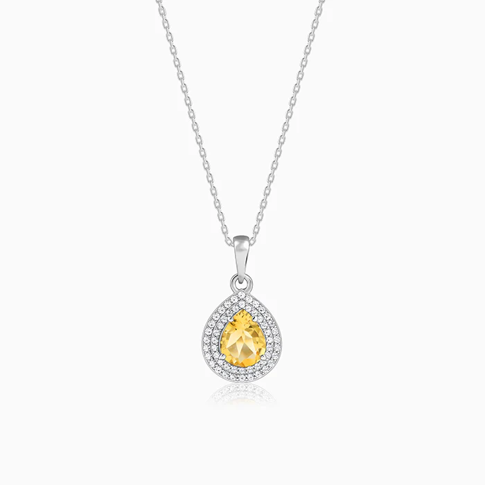Silver Citrine Drop Pendant With Link Chain