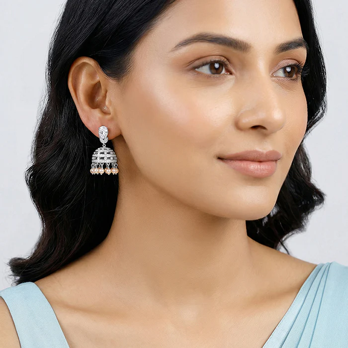 Silver Demi Pearl Chandbali Earrings - Image 3