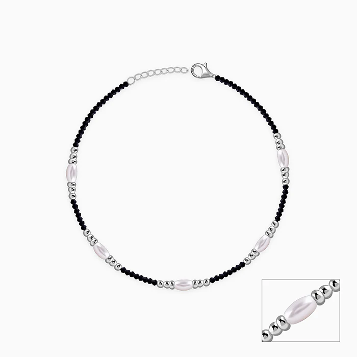 Silver Dual Tone Bead Chain Anklet - Image 3