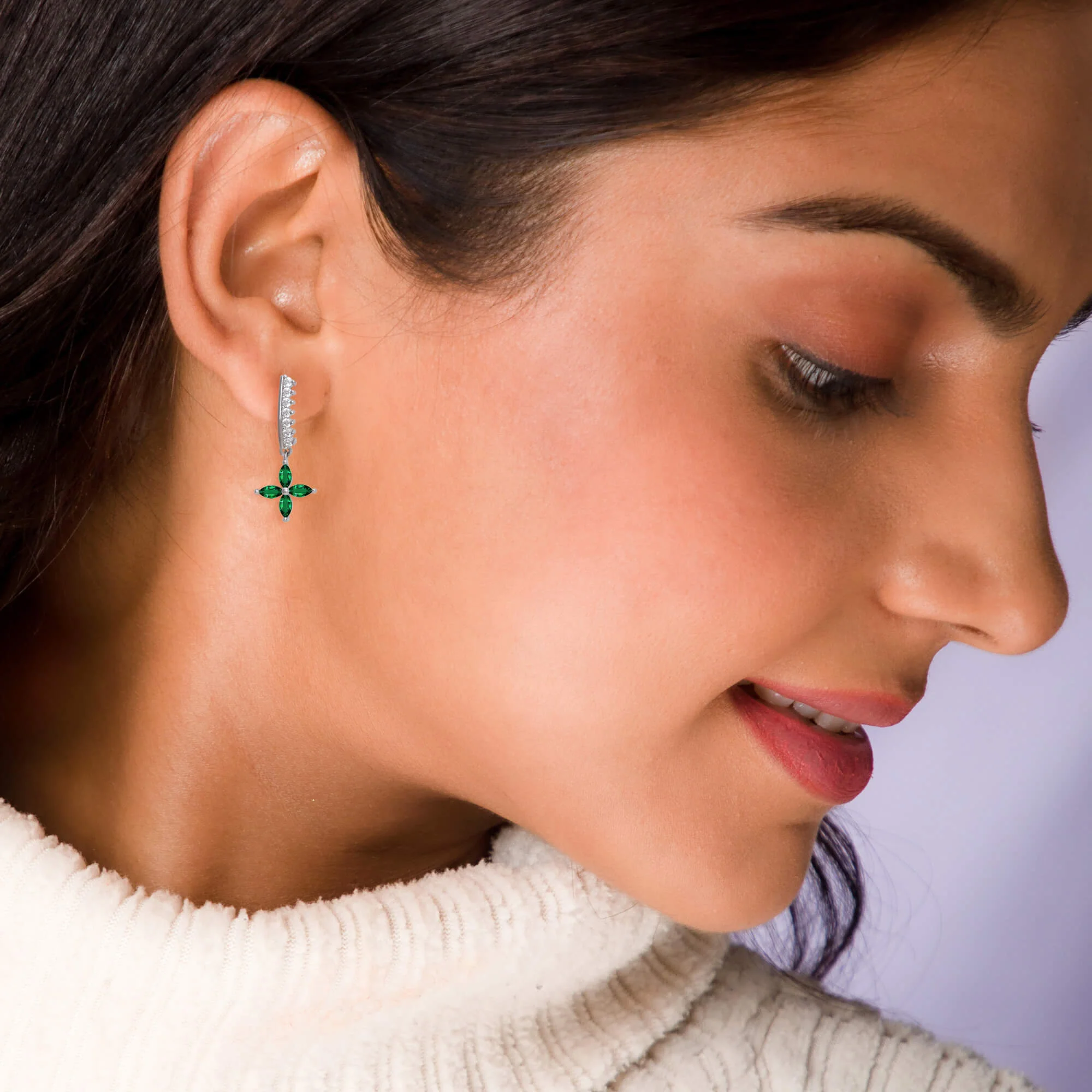 Silver Emerald Green Flower Earrings - Image 2