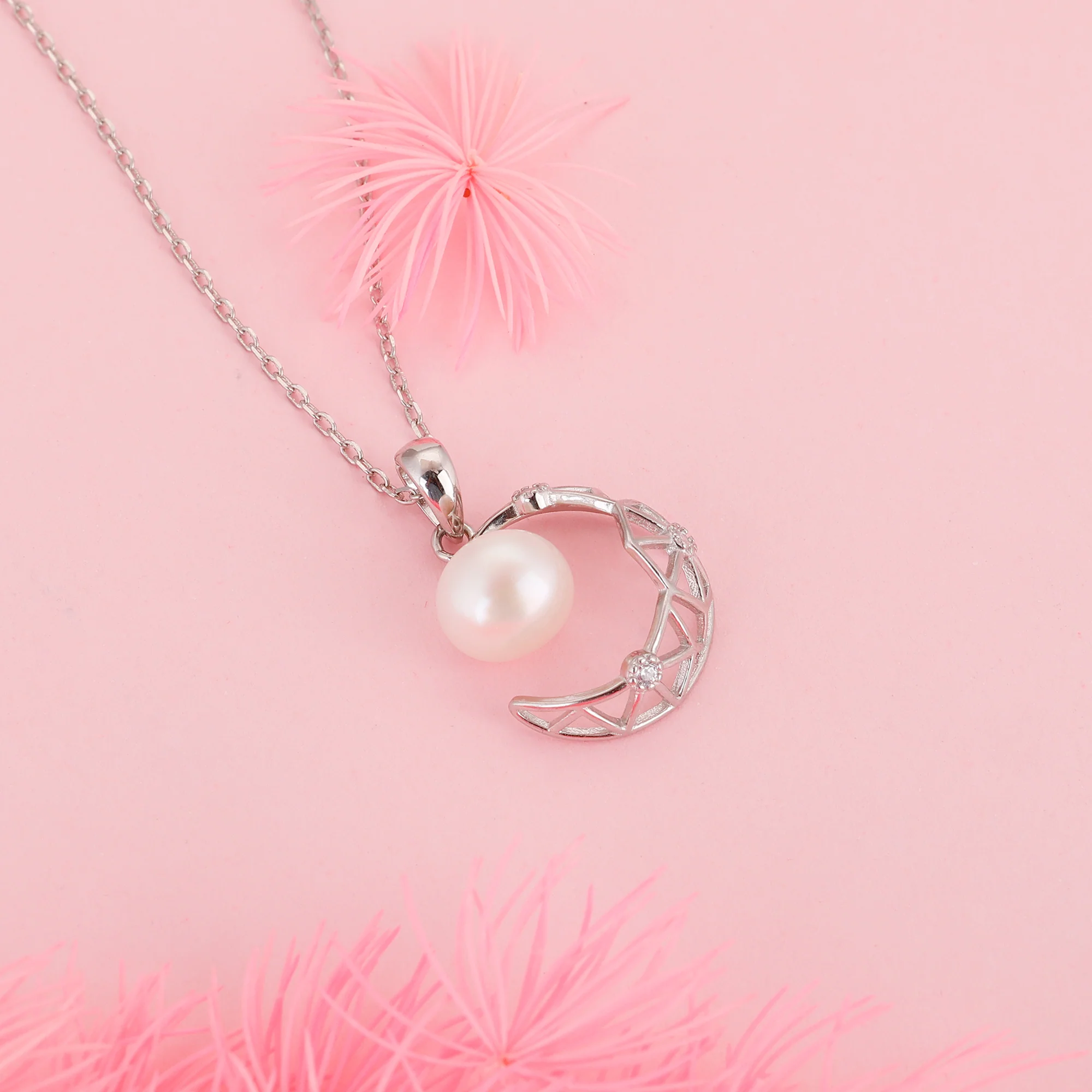 Silver Filigree Pearl Crescent Pendant with Link Chain - Image 2