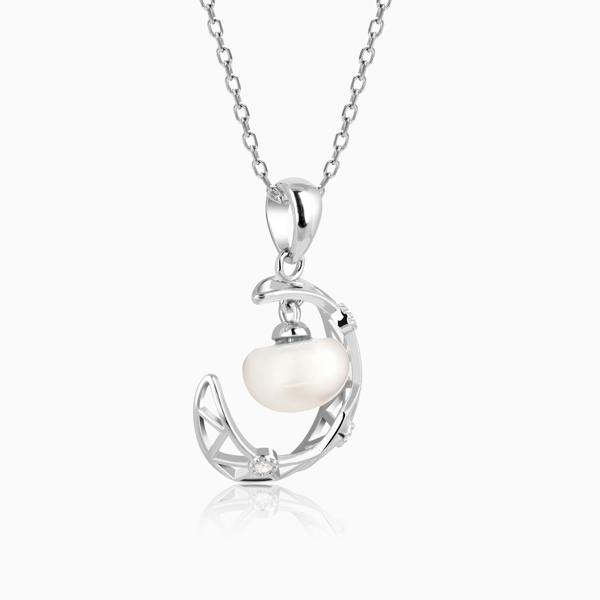 Silver Filigree Pearl Crescent Pendant with Link Chain - Image 4