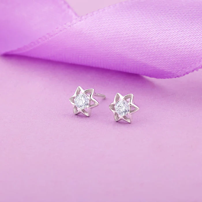 Silver Flower Star Stud Earrings - Image 2