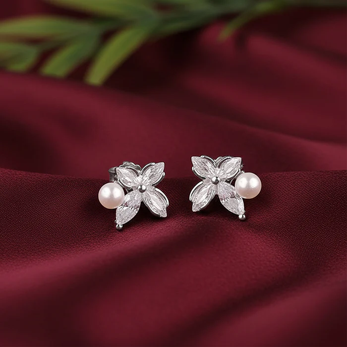 Silver Gleaming Floral Earrings - Image 2