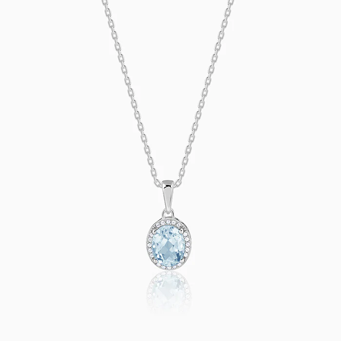 Silver Halo Blue Topaz Pendant With Link Chain