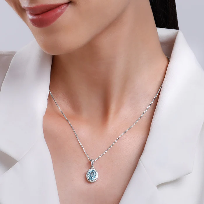 Silver Halo Blue Topaz Pendant With Link Chain - Image 3