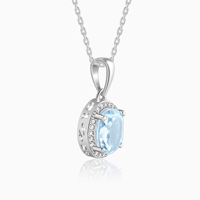 Silver Halo Blue Topaz Pendant With Link Chain - Image 4