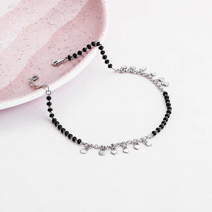 Silver Hearts & Black Beads Anklet - Image 3