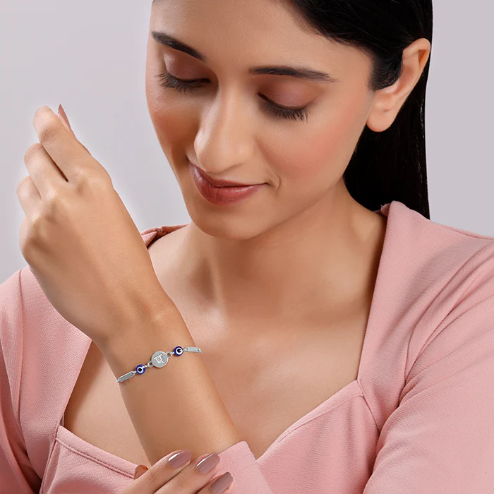 Silver Hindi Initial Evil Eye Bracelet - Image 3