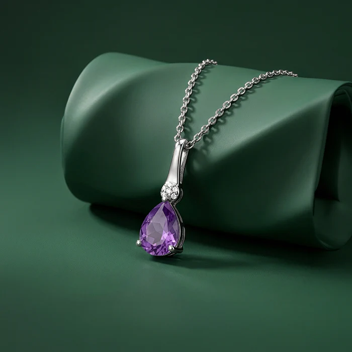 Silver Iris Pear Drop Pendant With Link Chain - Image 2