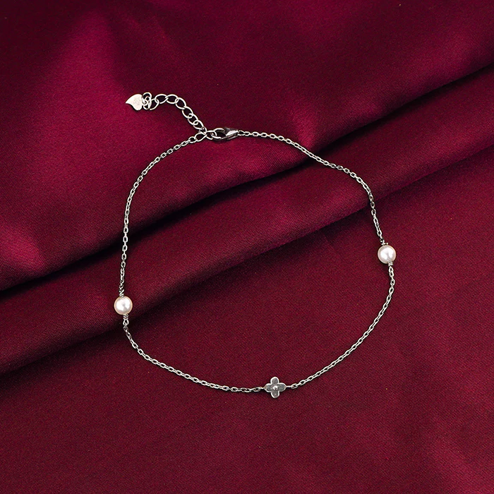 Silver Pearls & Flower Anklet - Image 2