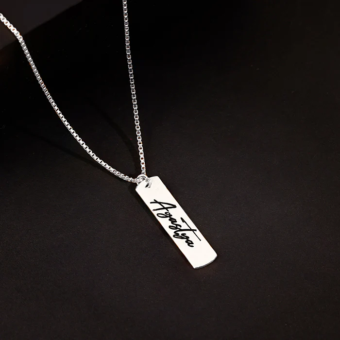Silver Personalised Vertical Bar Name Pendant with Box Chain For Him - Image 2