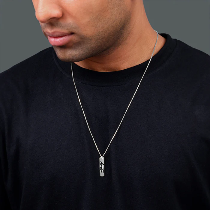 Silver Personalised Vertical Bar Name Pendant with Box Chain For Him - Image 3