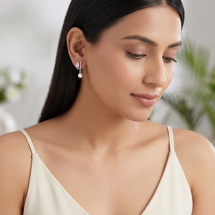 Silver Petal Pearl Earrings - Image 3
