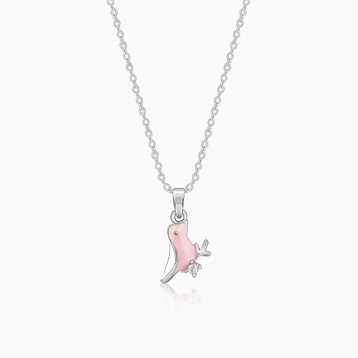 Silver Pink Bird Kids Pendant With Link Chain