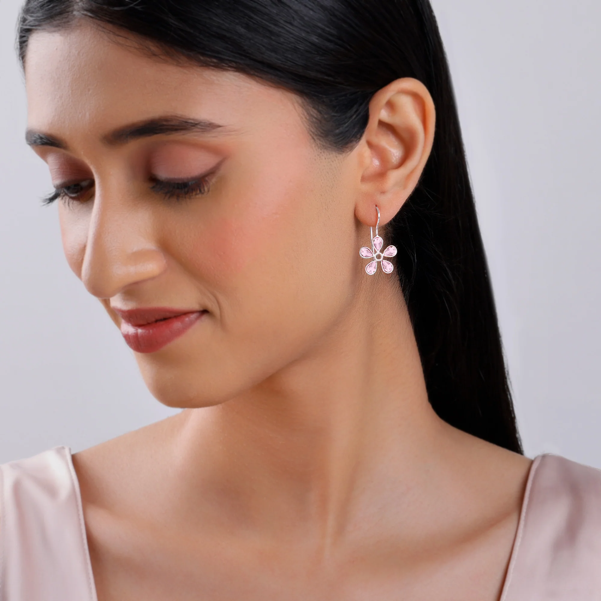 Silver Pink Dahlia Earrings - Image 3