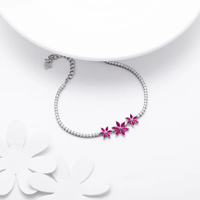 Silver Pink Floral Tennis Bracelet - Image 2