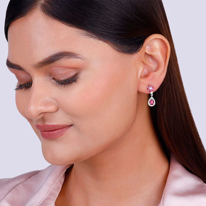 Silver Pink Flower Mini Drop Earrings - Image 3