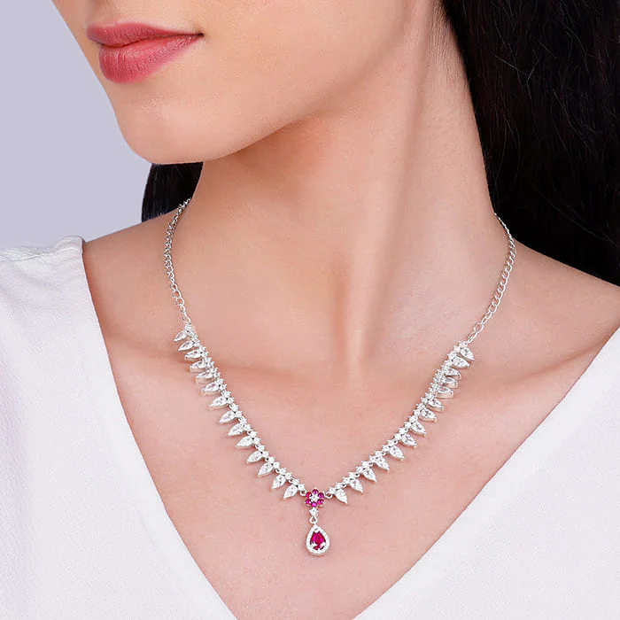 Silver Pink Flower Drop Necklace - Image 3