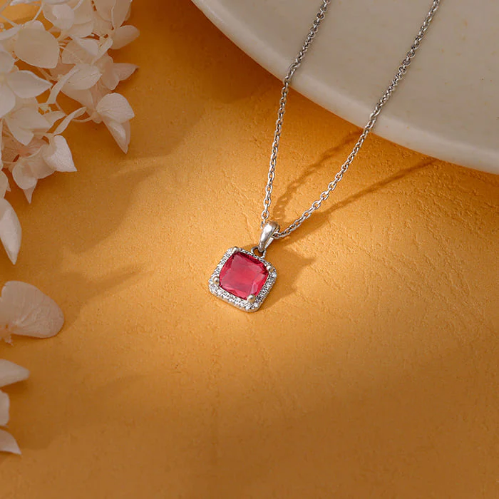 Silver Pink Square Pendant With Link Chain - Image 2