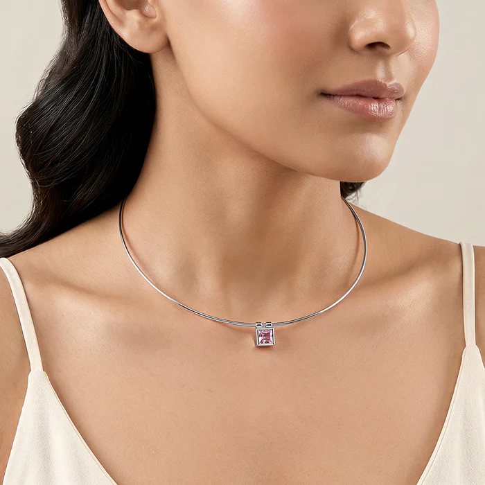 Silver Pink Zircon Square Hasli Necklace - Image 3
