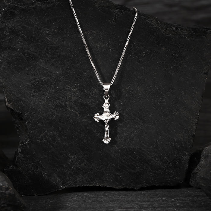 Silver Striped Cross Pendant with Box Chain For Him - Image 2