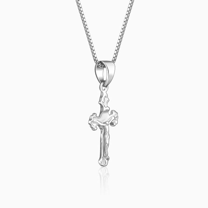 Silver Striped Cross Pendant with Box Chain For Him - Image 4