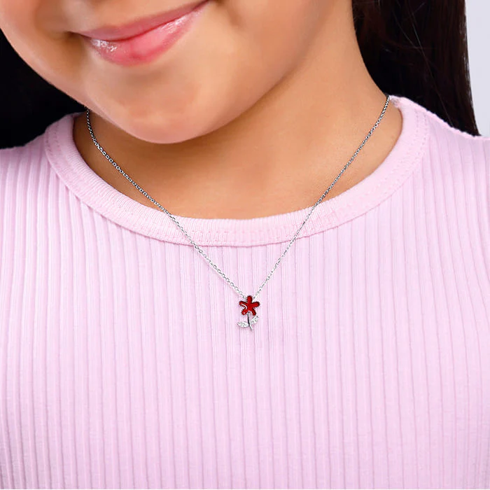 Silver Red Flower Kids Pendant With Link Chain - Image 3