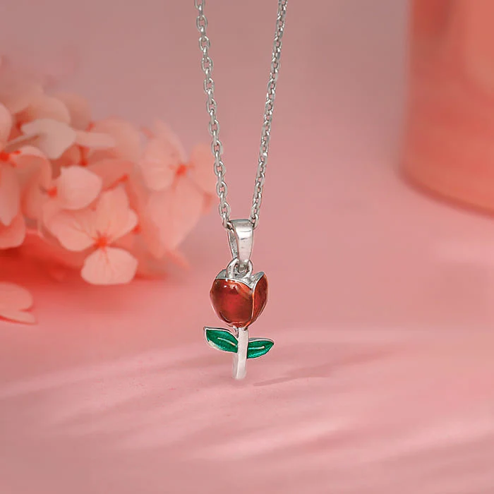 Silver Red Roses Pendant With Link Chain - Image 2